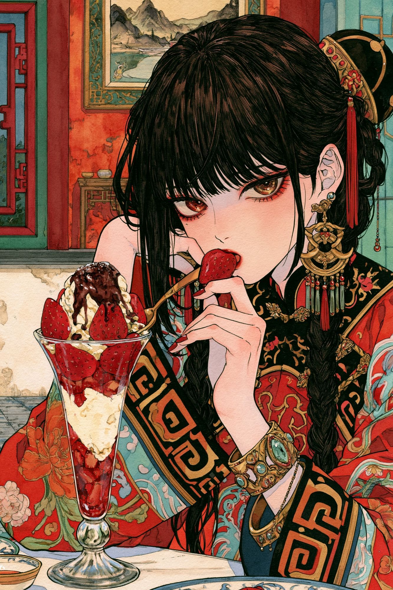 Strawberry Dessert Girl Illustration Print. poster detail
