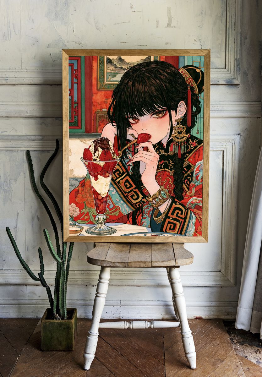 Strawberry Dessert Girl Illustration Print. room preview