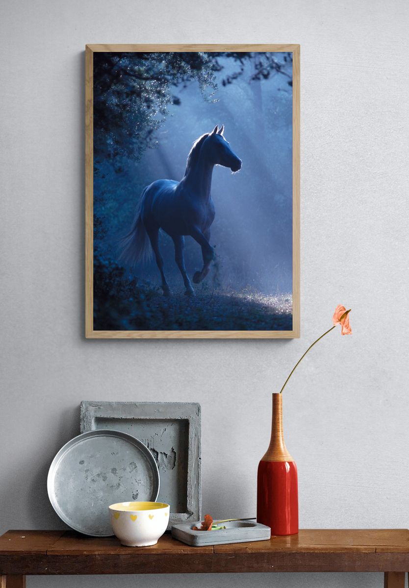 Moonlit Horse Forest Photography Poster. — room view 3