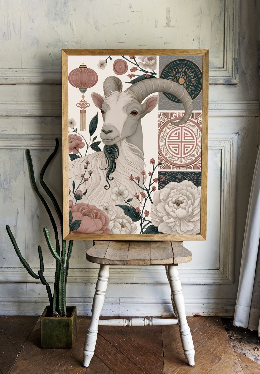 Floral Goat Illustration Poster. room preview