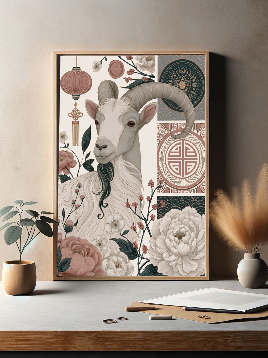 Floral Goat Illustration Poster. — room view 2