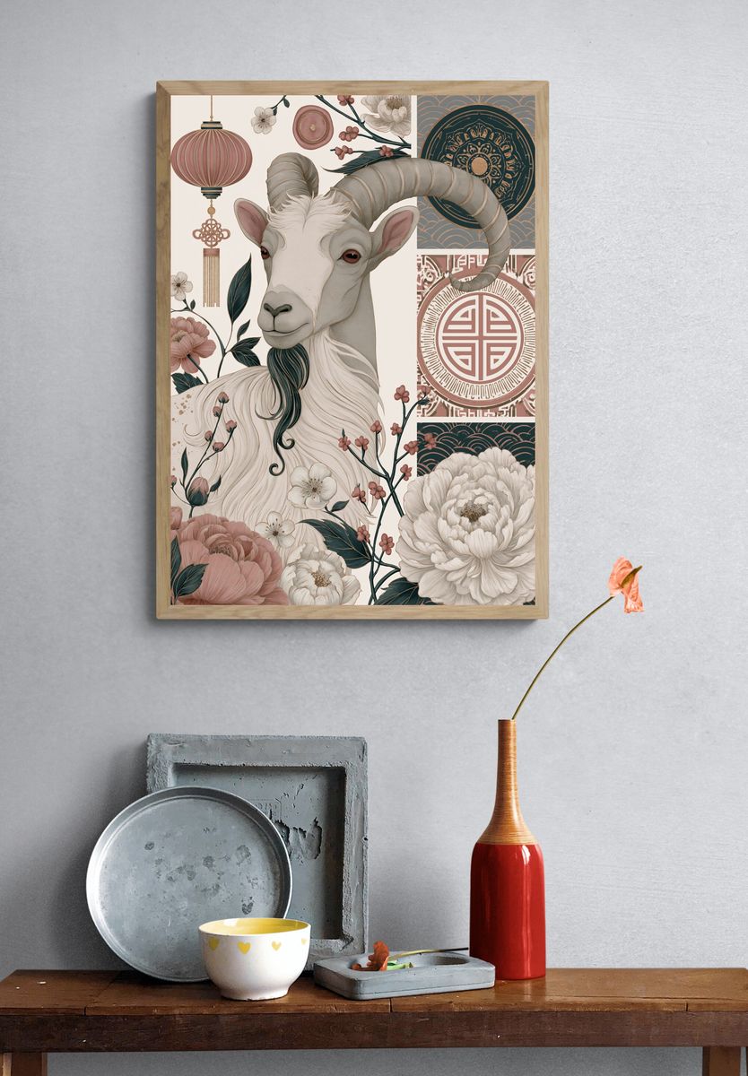 Floral Goat Illustration Poster. — room view 3