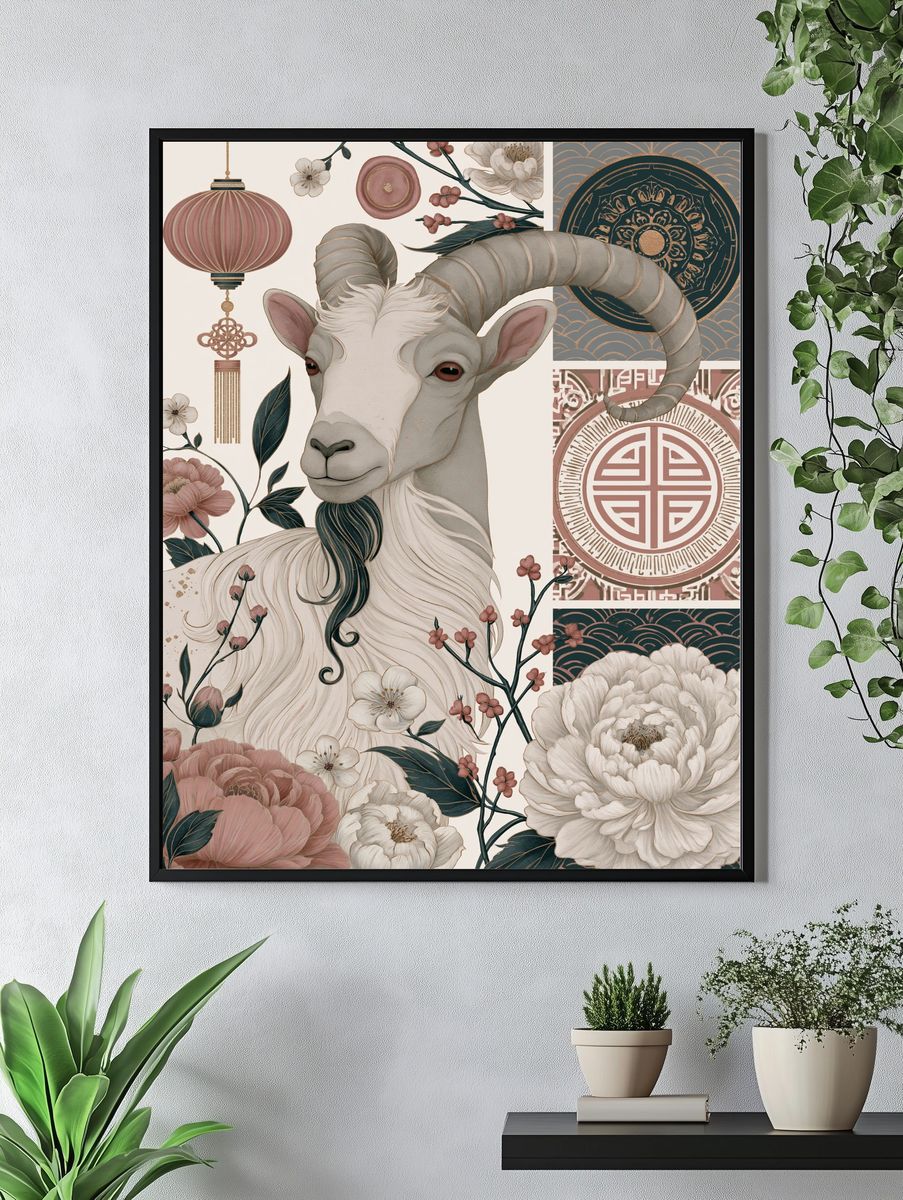 Floral Goat Illustration Poster. — room view 4
