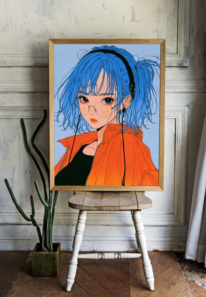 Blue-Haired Anime Girl Illustration Poster. room preview
