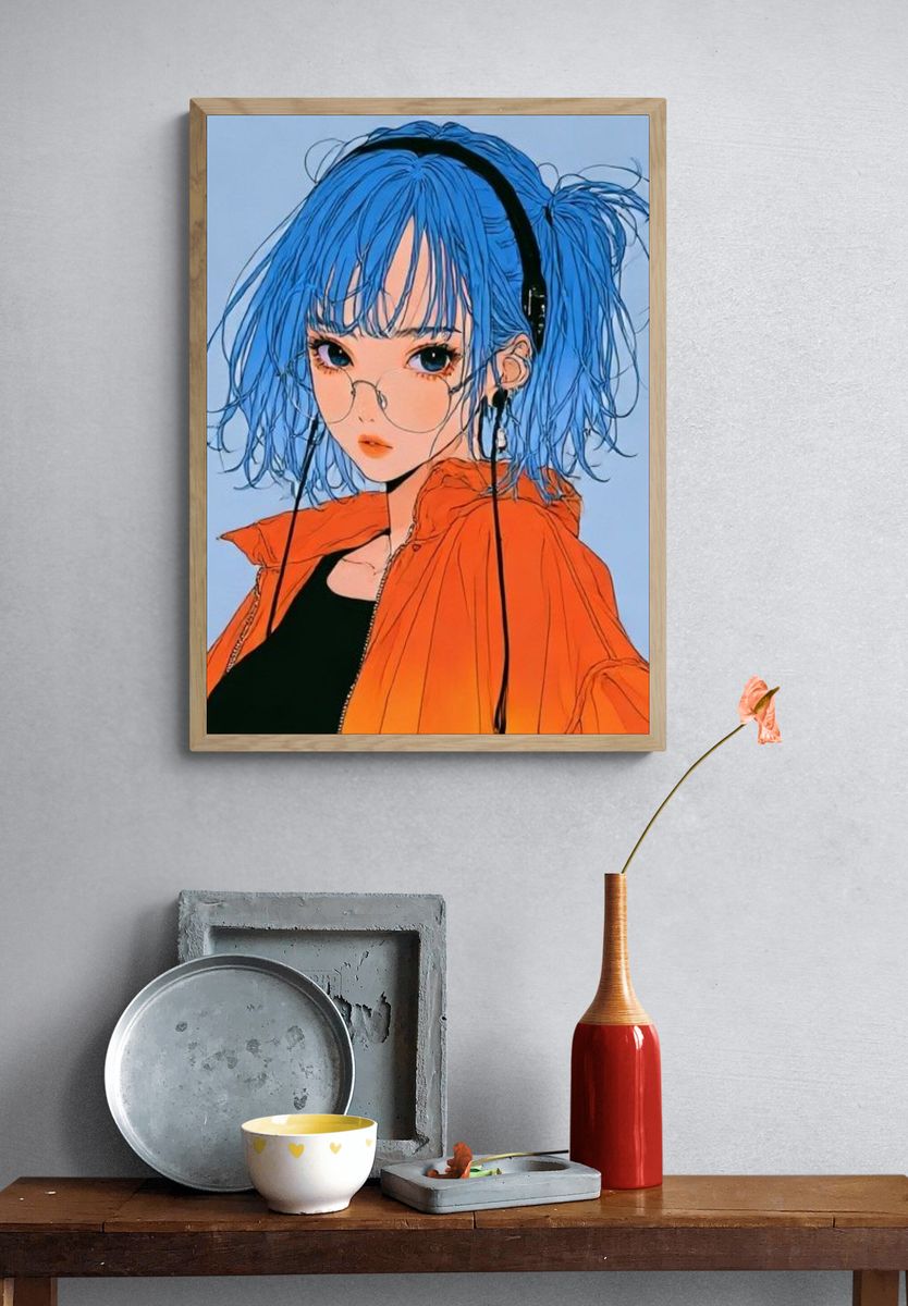 Blue-Haired Anime Girl Illustration Poster. — room view 3