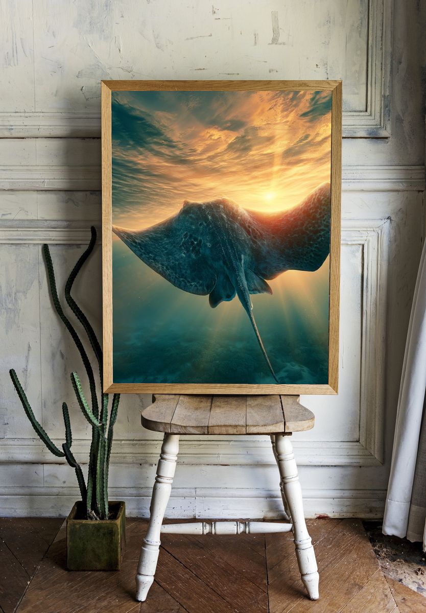 Sunlit Stingray Underwater Poster. — room view 1