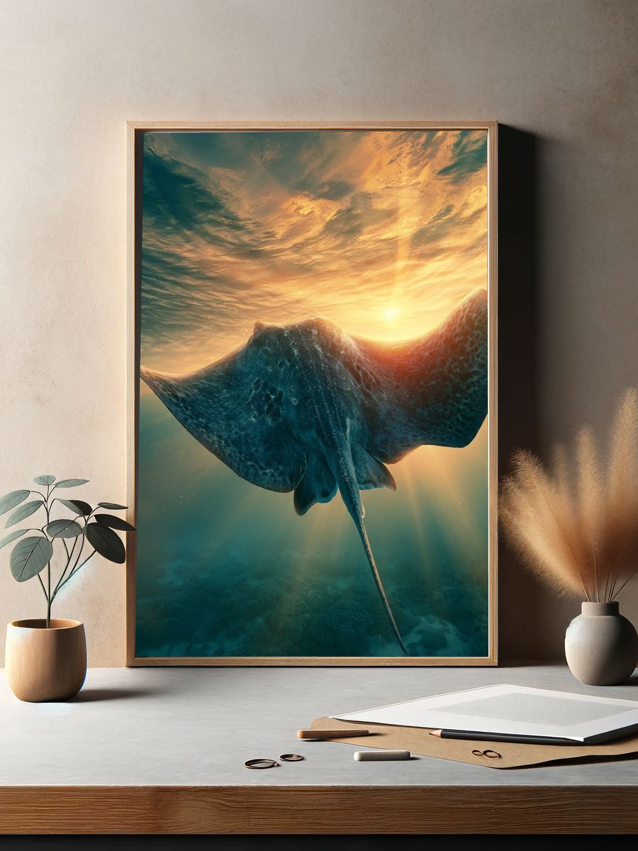 Sunlit Stingray Underwater Poster. — room view 2