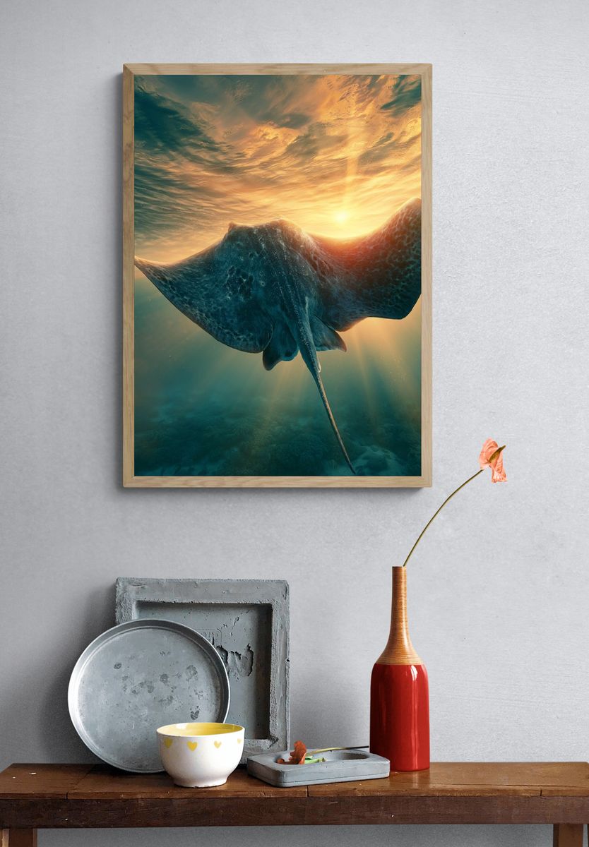 Sunlit Stingray Underwater Poster. — room view 3