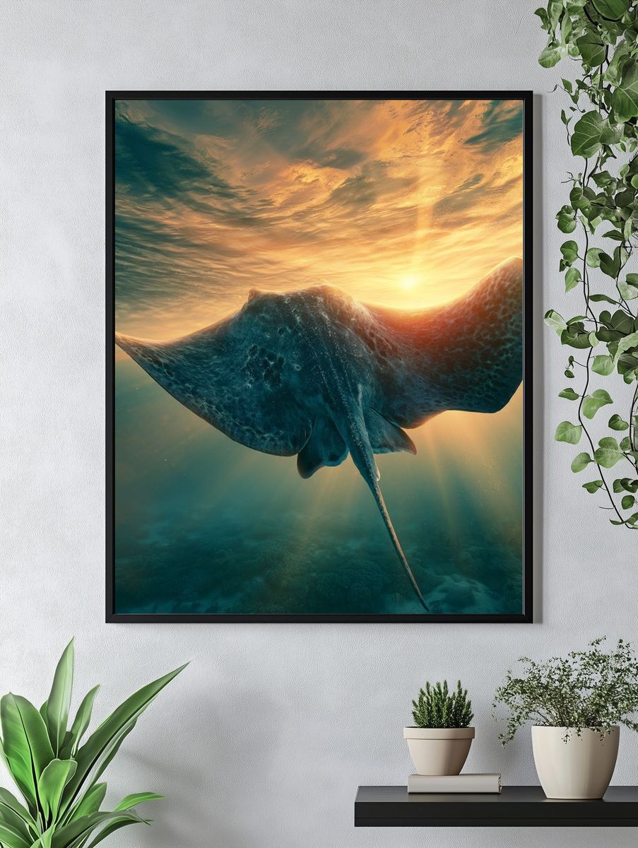 Sunlit Stingray Underwater Poster. — room view 4