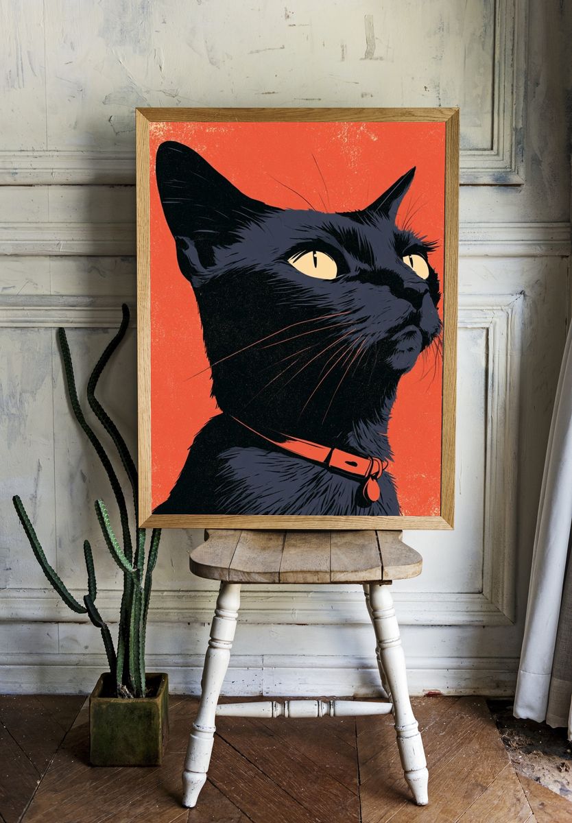 Black Cat Portrait Illustration Poster. — room view 1
