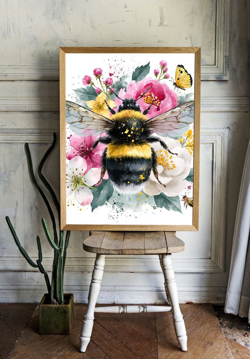 Bumblebee Blossom Watercolor Poster. room preview