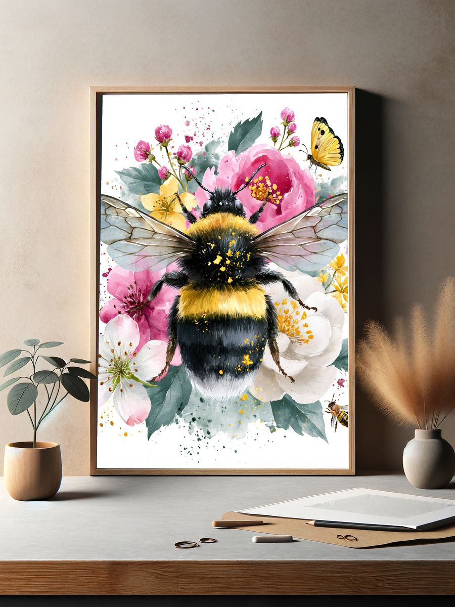 Bumblebee Blossom Watercolor Poster. — room view 2