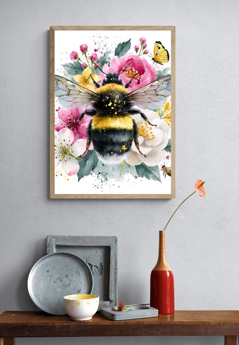 Bumblebee Blossom Watercolor Poster. — room view 3