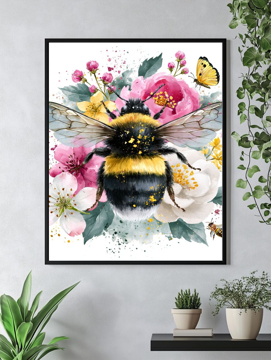 Bumblebee Blossom Watercolor Poster. — room view 4