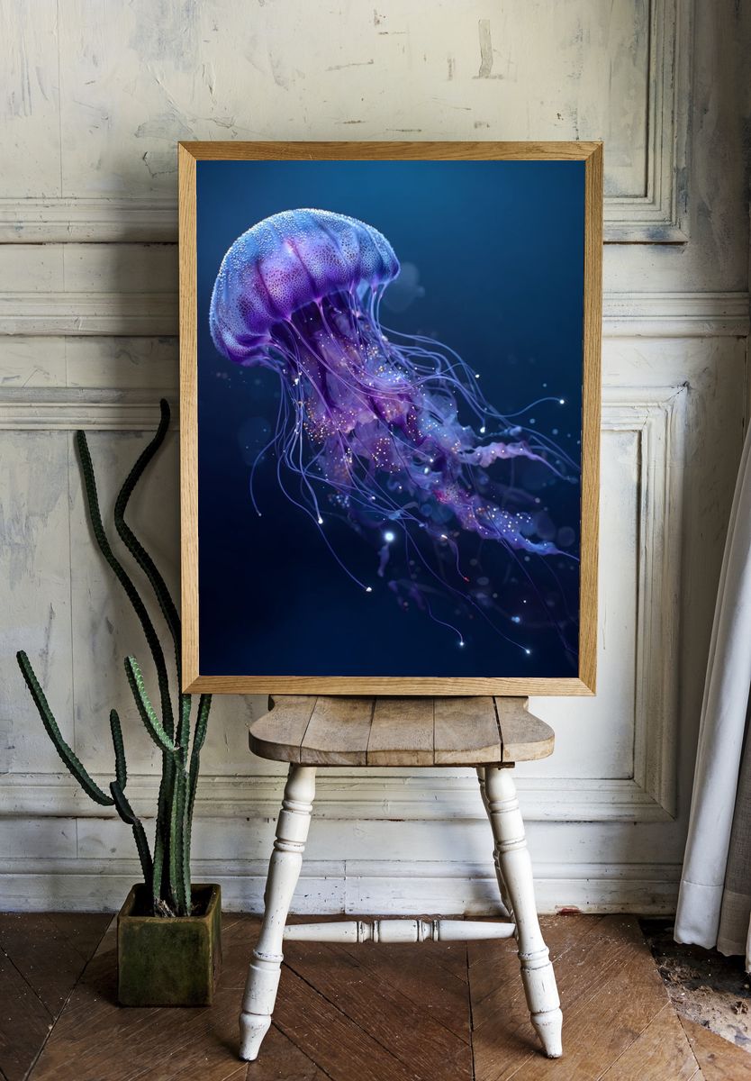 Glowing Jellyfish Digital Art Poster. — room view 1