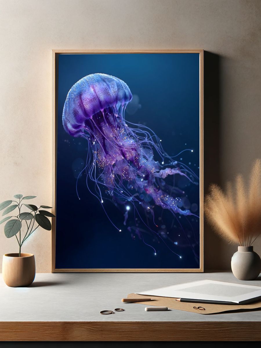 Glowing Jellyfish Digital Art Poster. — room view 2