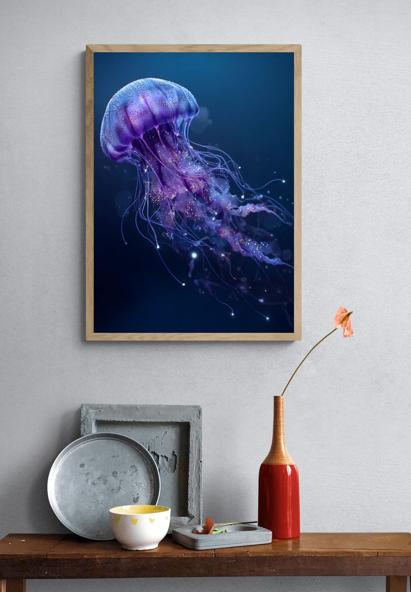 Glowing Jellyfish Digital Art Poster. — room view 3