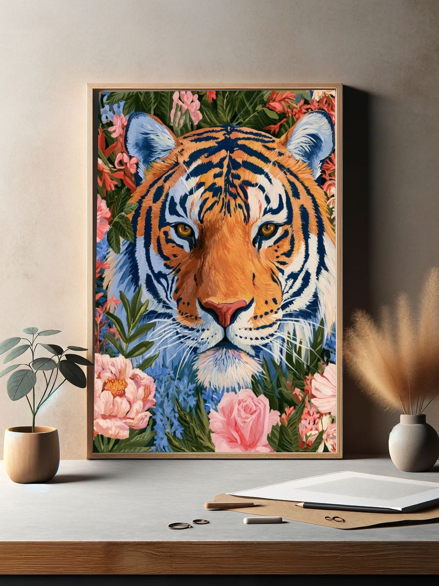 Tiger in Bloom Illustration Poster. — room view 2