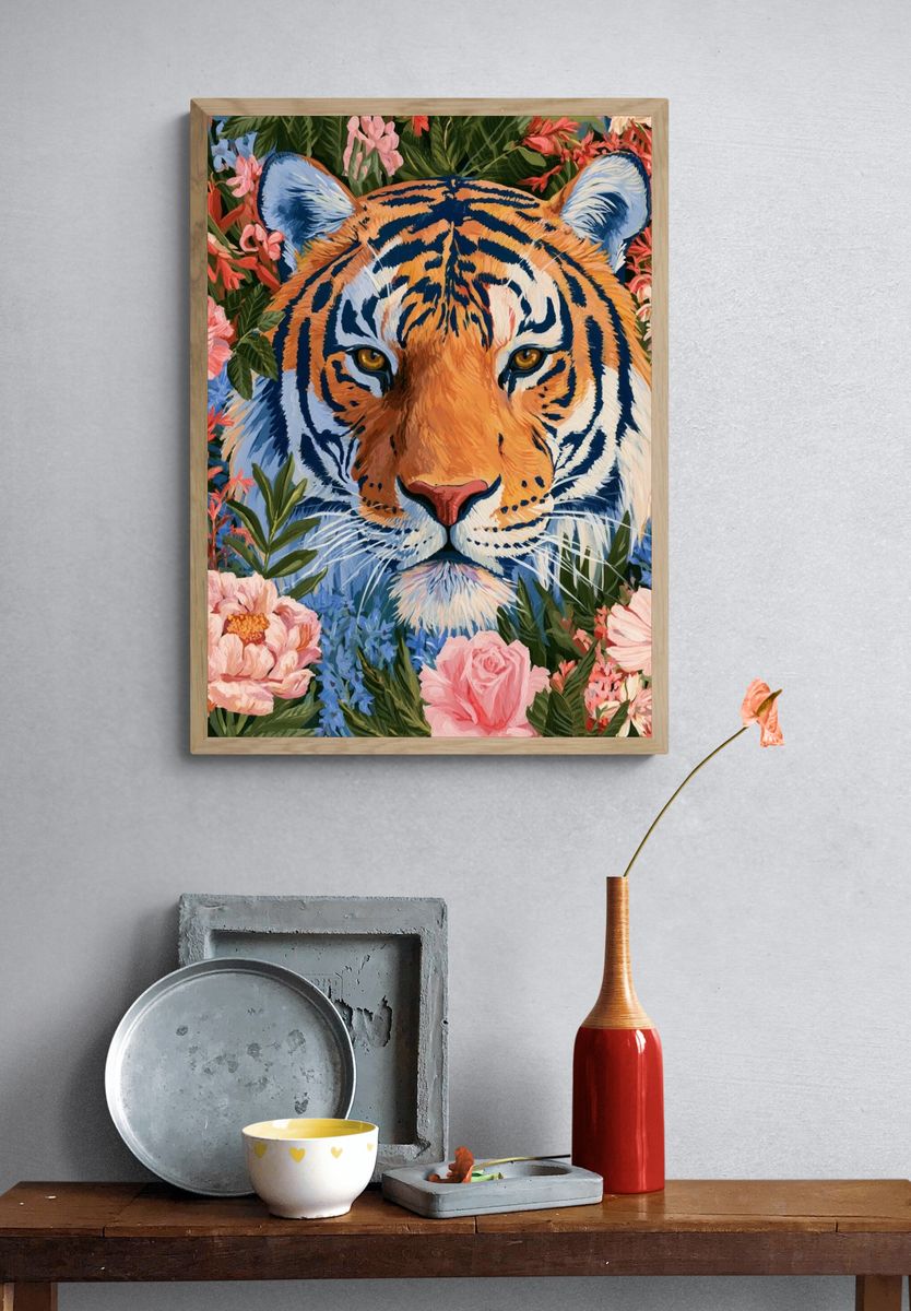 Tiger in Bloom Illustration Poster. — room view 3