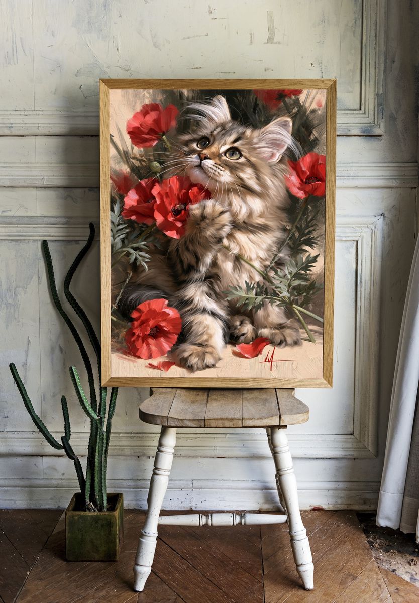 Floral Cat Portrait Illustration Poster. room preview