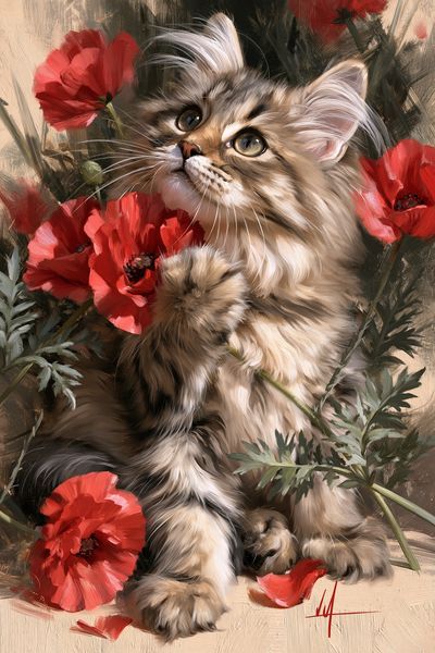 Floral Cat Portrait Illustration Poster.