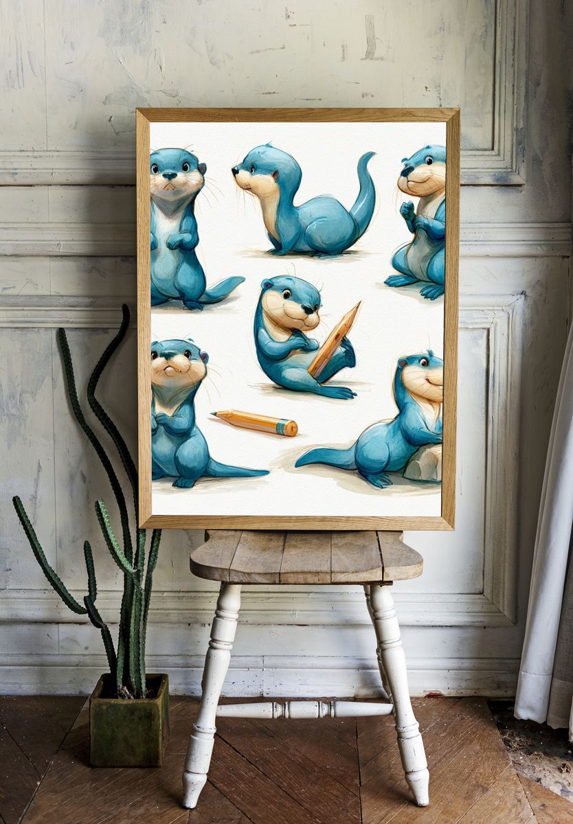Cute Otter Sketches Illustration Poster. — room view 1