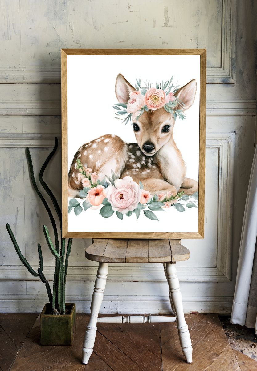 Floral Fawn Watercolor Poster. — room view 1