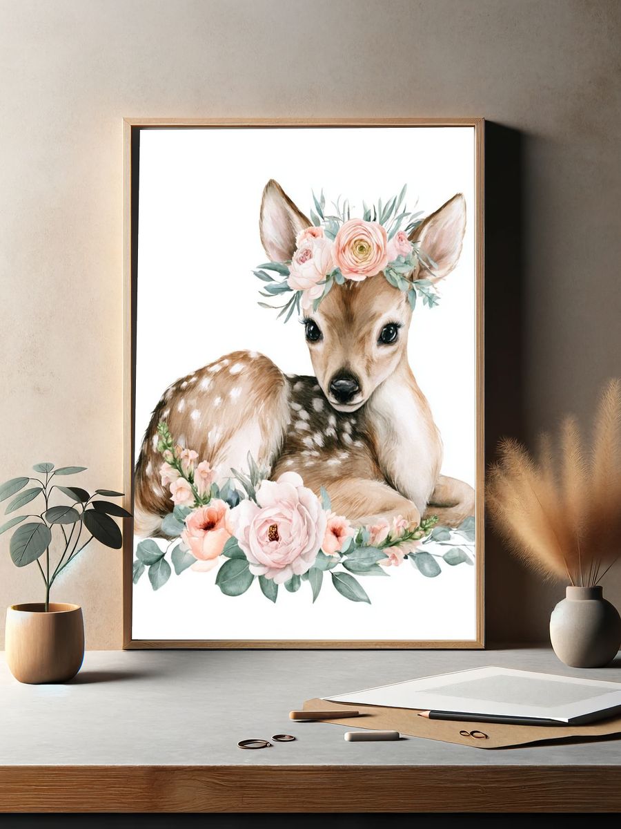 Floral Fawn Watercolor Poster. — room view 2