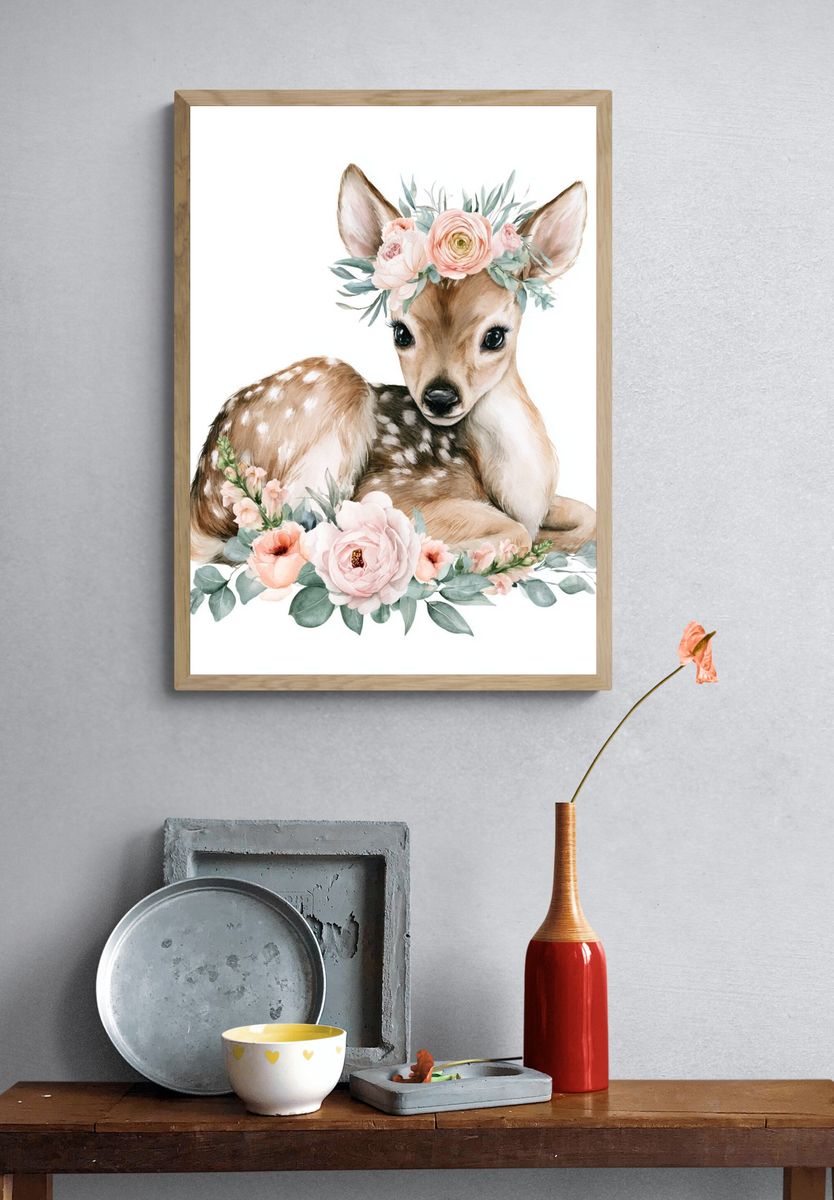 Floral Fawn Watercolor Poster. — room view 3