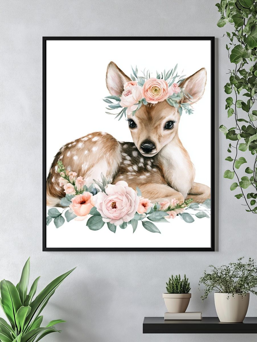 Floral Fawn Watercolor Poster. — room view 4