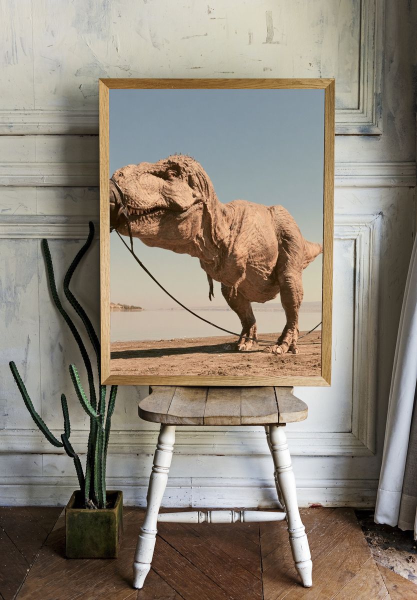 Tethered T-Rex Desert Photography Poster. — room view 1
