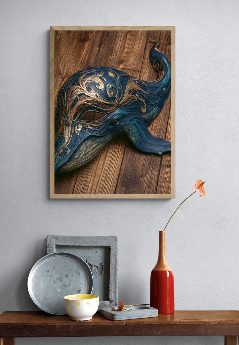 Ornate Blue Whale Illustration Poster. — room view 3