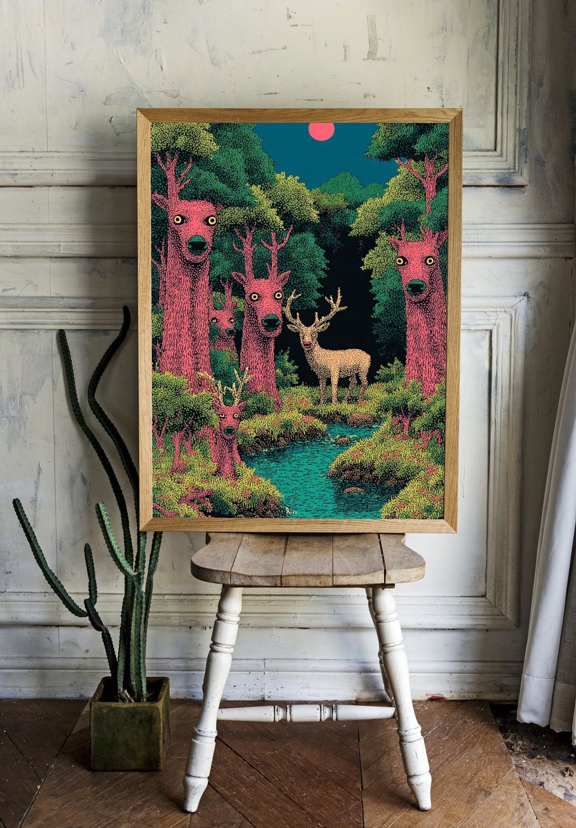 Surreal Deer Forest Illustration Poster. — room view 1