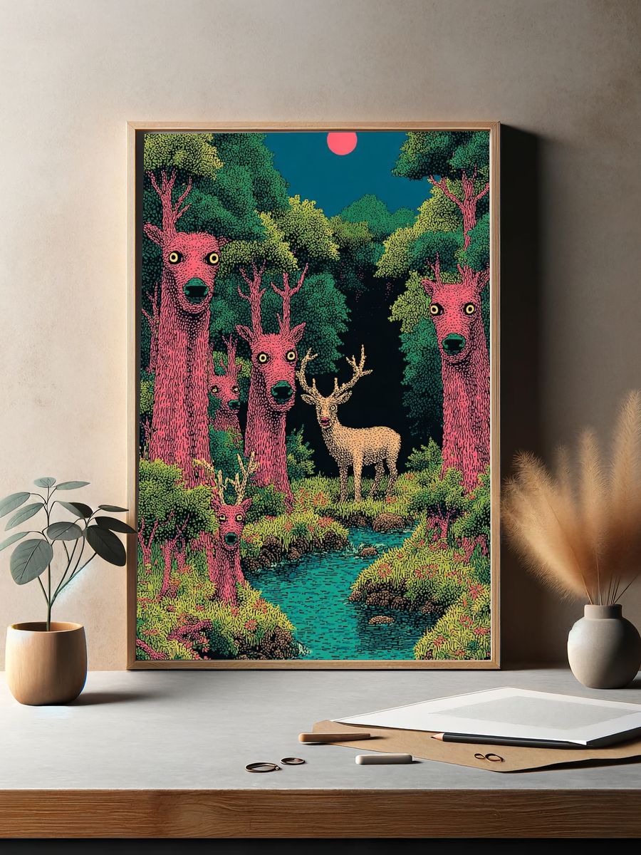 Surreal Deer Forest Illustration Poster. — room view 2