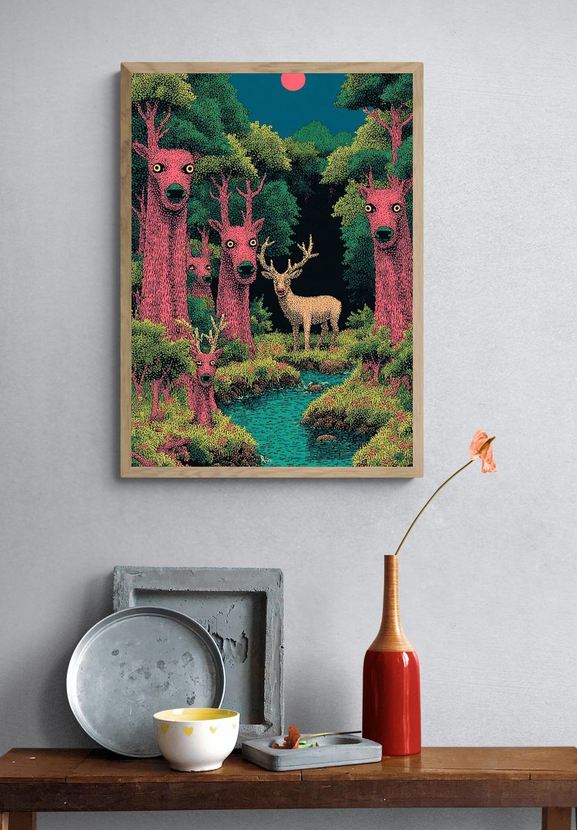Surreal Deer Forest Illustration Poster. — room view 3