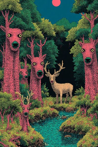 Surreal Deer Forest Illustration Poster. poster print