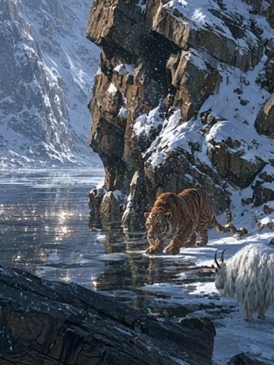 Snowy Tiger Hunt Photography Poster. poster