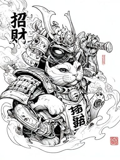 Samurai Cat Ink Illustration Poster. poster detail
