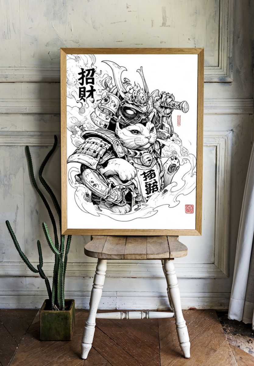 Samurai Cat Ink Illustration Poster. room preview