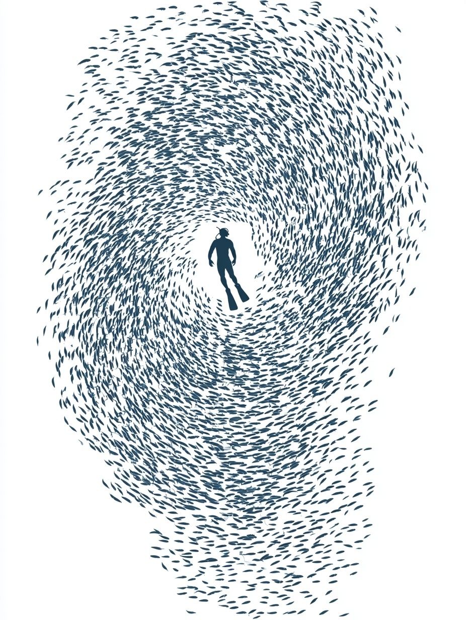 Diver in Fish Swirl Poster. poster detail