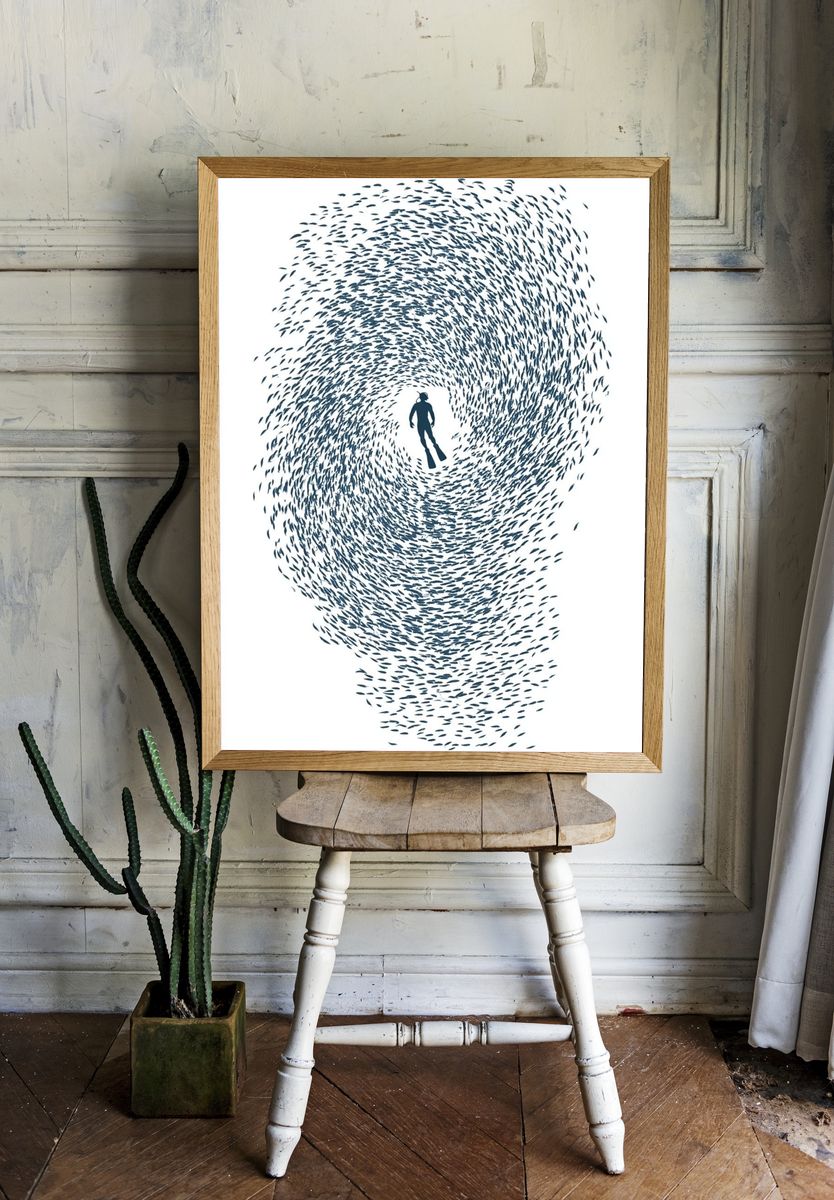 Diver in Fish Swirl Poster. — room view 1