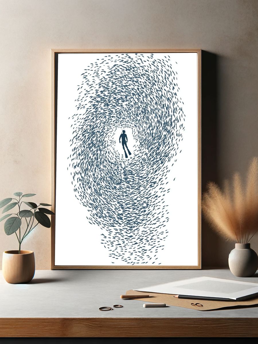 Diver in Fish Swirl Poster. — room view 2