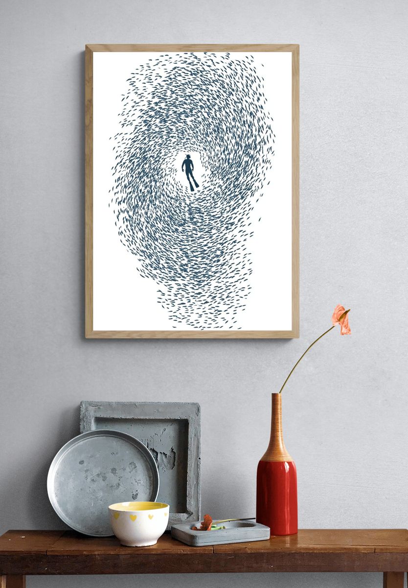 Diver in Fish Swirl Poster. — room view 3