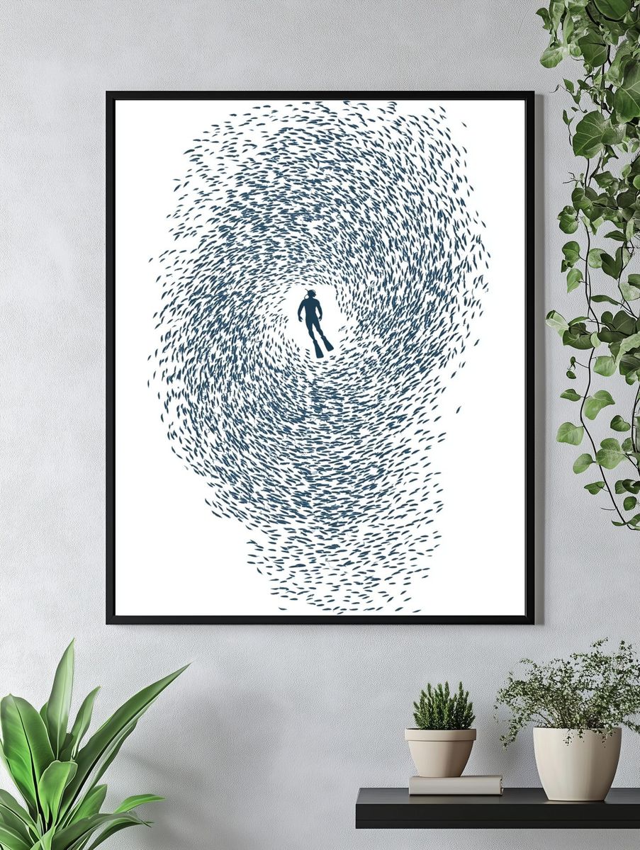 Diver in Fish Swirl Poster. — room view 4