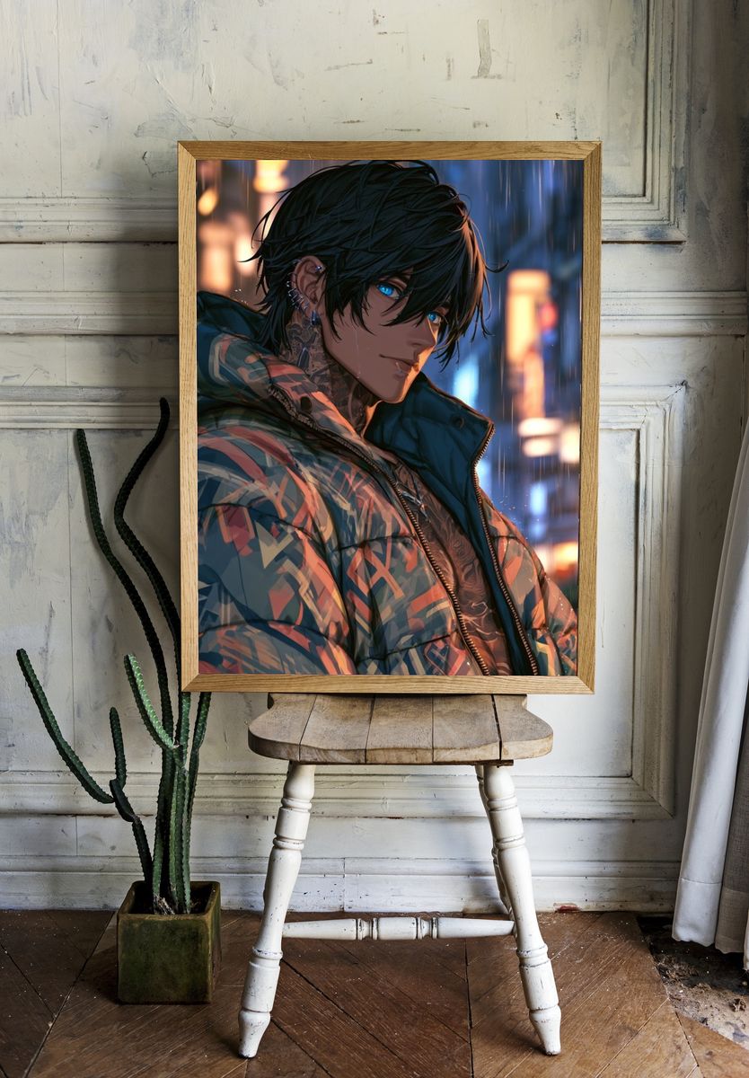Rainy Neon Anime Portrait Poster. room preview