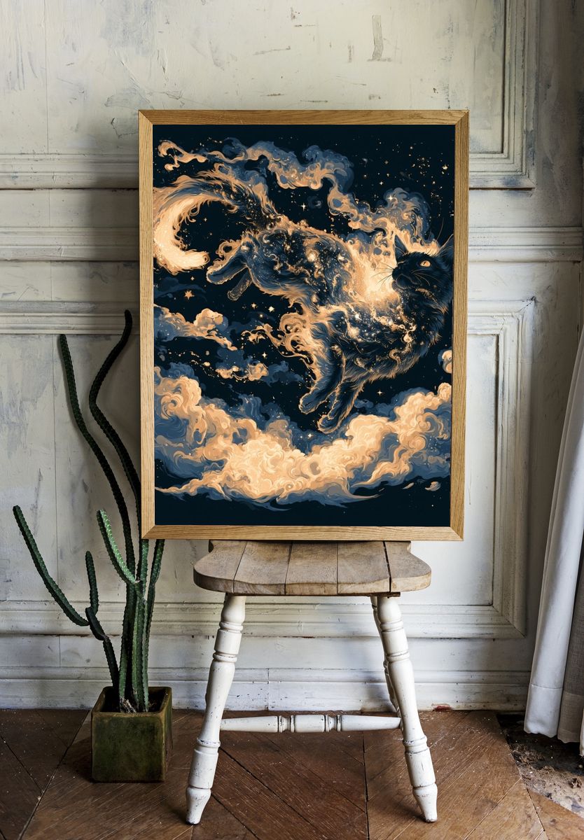 Celestial Black Cat Illustration Poster. room preview