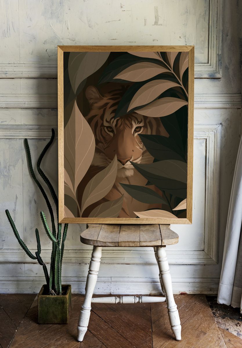 Tiger in Leaves Illustration Poster. room preview