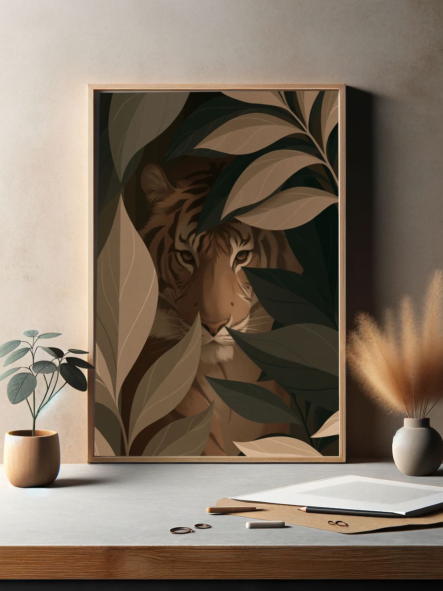 Tiger in Leaves Illustration Poster. — room view 2