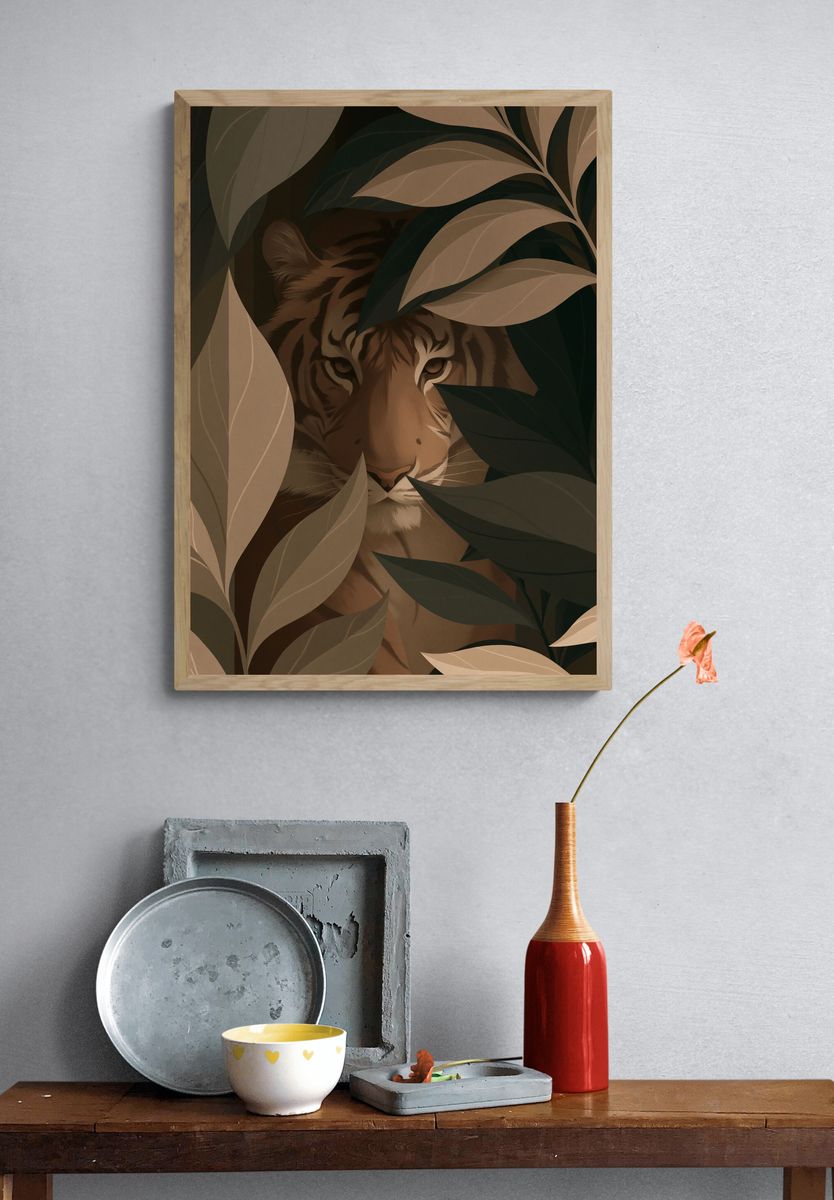 Tiger in Leaves Illustration Poster. — room view 3