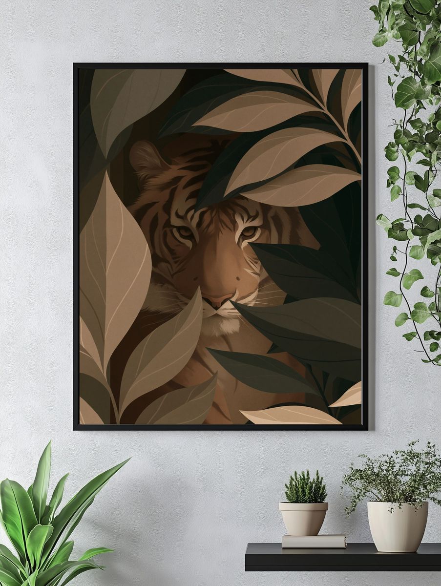 Tiger in Leaves Illustration Poster. — room view 4